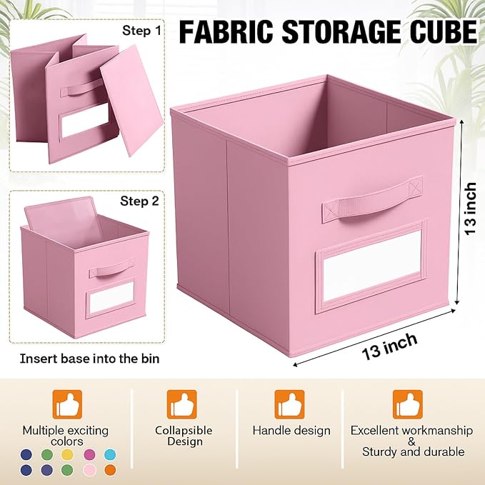 Teenyyou 10 Pack Fabric Storage Cubes 13 Inch Collapsible Cube Bins with Label Window & Handle Foldable Organizers Baskets for Shelf Closet Nursery Kids Room Clothes Book Toy(Candy) - Image 3
