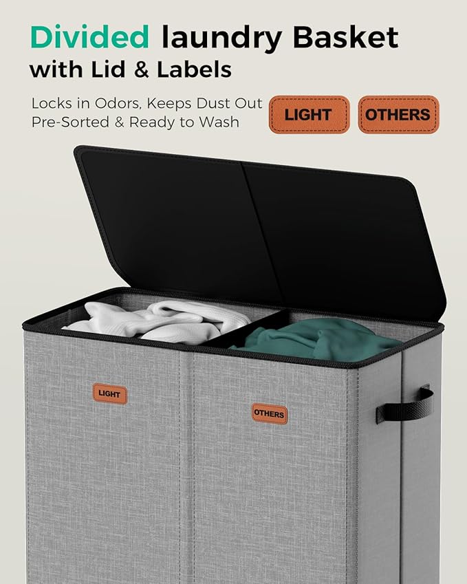 150L Dual-Compartment Laundry Hamper with Lid & Removable Inner Bag – Large 2-Section Clothes Hamper for Home, Dorm & Laundry Room - Image 4