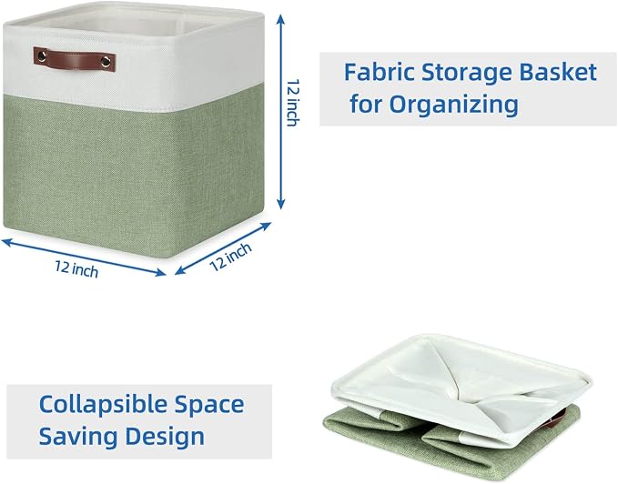 Temary Fabric Storage Bins for Organizing Clothes, Closet Baskets with Handles - Decorative Storage Boxes for Home (White & Green, 12 Inch, 4 Pack) - Image 7
