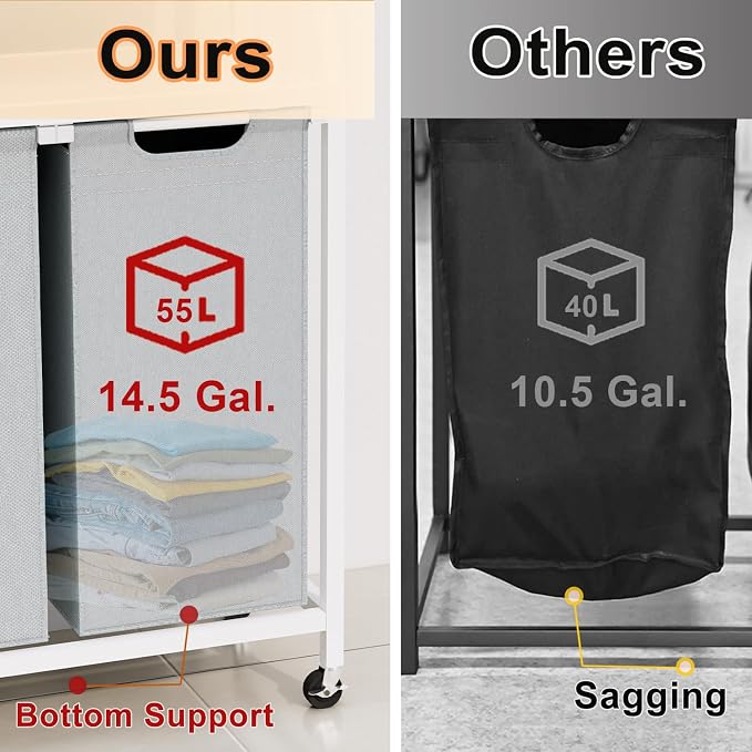 Laundry Hamper, Laundry Sorter 2 Section, Rolling Laundry Basket with Wheels, 2 Shelves, 2 × 14.5 Gal, Pull-Out and Removable Oxford Fabric Bags, for Laundry Room, White and Grey - Image 3