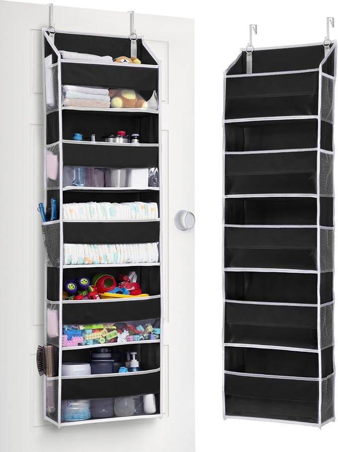 ULG 1 Pack Over The Door Organizer – 5 Shelf Door Organizer Hanging & 10 Side Pockets, Reinforced 44LB Capacity Hanging Organizer, Behind The Door Storage for Bedroom, Nursery, Pantry (Black) by ULG