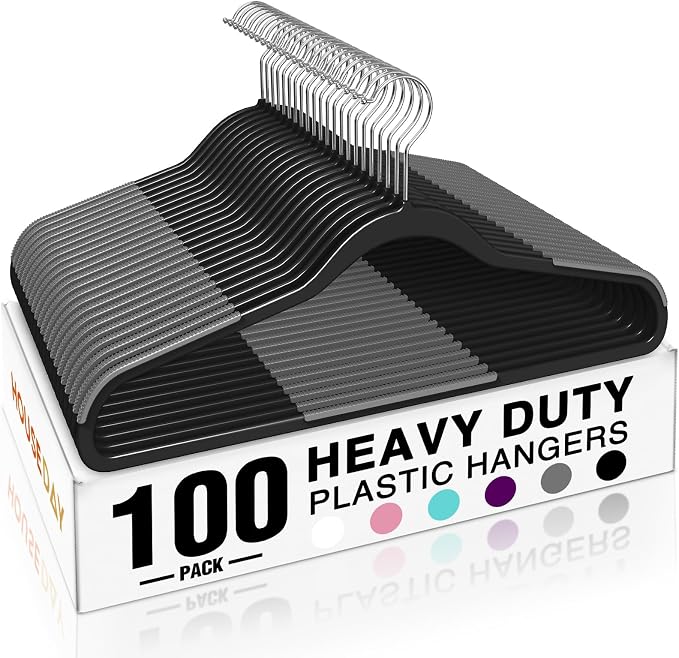 HOUSE DAY Non Slip Plastic Clothes Hangers 100 Pack with Rubber Pads, Black | Space-Saving 0.2-Inch Slim Design; Heavy-Duty and 360° Swivel Hooks Keep Shirts, Coats, Suit, Blouse and Pants Organized by HOUSEDAY