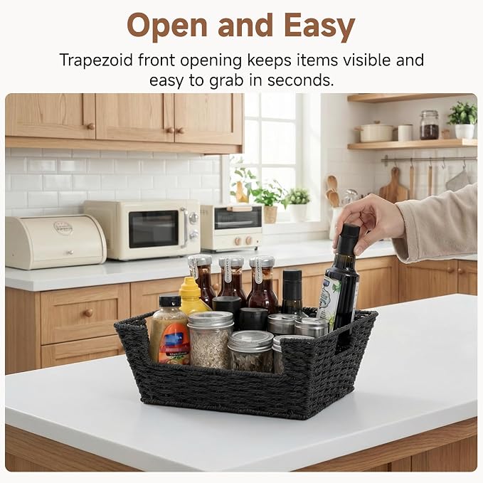 StorageWorks Pantry Baskets for Shelves, Snack Baskets, Black Paper Rope | Pantry Baskets for Patato and Onion Storage, Stackable Wicker Basket Organizer for Shelf, Woven Basket for Storage, 2-Pack - Image 5