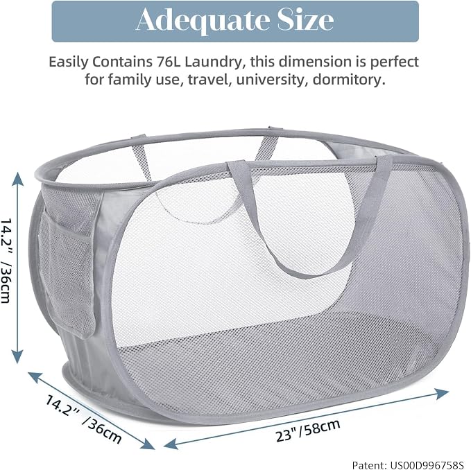 Durable Collapsible Laundry Baskets, Mesh Pop Up Laundry Hamper with Side Pocket, Foldable Clothes Storage Hamper with Reinforced Carry Handles for Laundry, Bathroom, Kids Room, Dorm or Travel Grey - Image 3