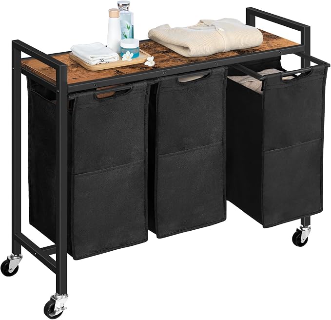HOOBRO Laundry Sorter 3 Section, Laundry Hamper with Wheels, 3 × 11.5 Gal (43.5 L), Rolling Laundry Basket, Pull-Out and Removable Oxford Fabric Laundry Bags, Rustic Brown and Black BF76XY01 - Image 9