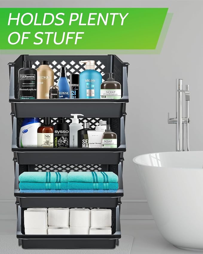 Large Stackable Storage Bins Open Front for Pantry Storage, 4 Pack - Black | Sturdy Plastic, Easy Stacking, Open Front Access, Ventilated Sides, Vertical & Space Saving Pantry Organizers and Storage Bin - Image 5