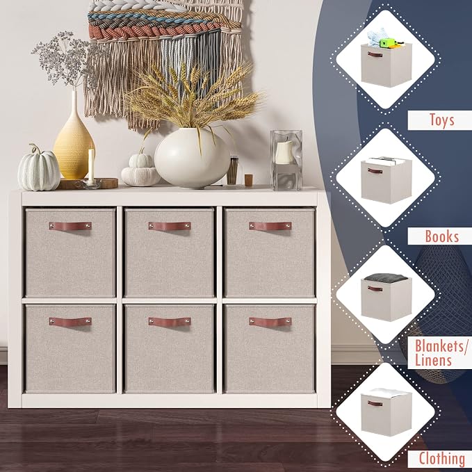 Ornavo Home 13x15x13 Foldable Fabric Storage Cube Bins, 6 Pack, Beige | Collapsible Linen Shelf Basket Organizer; Leather Handles; Fits Cube Storage Shelving Units - Image 6