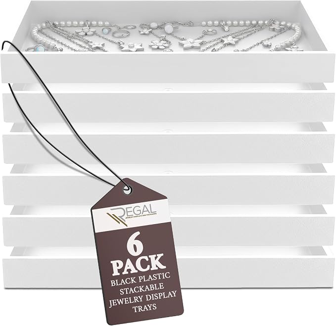 RJ Displays Stackable Jewelry Tray Set, Stackable Plastic Jewelry Organizer Tray, Jewelrys Drawer, Drawers Inserts, Earring Organizer for Women Perfect Trays 14.75x8.25x1 in (White, 6 Pack) by RJ+Displays