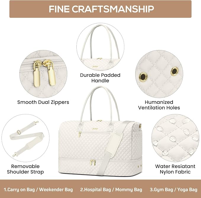 Travel Overnight Bag Weekender Bags - Duffle Bag Women with Shoe Compartment Carry On Overnight Bag with Toiletry Bag Duffel Bags with Wet Pocket for Gym Hospital Bags for Labor and Delivery Beige - Image 5