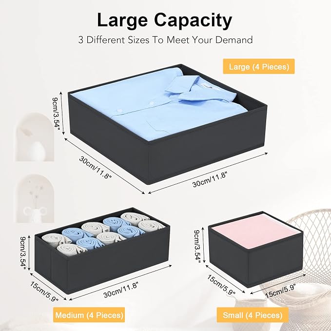 DIMJ Clothes Drawer Organizer, 12 Packs, Foldable Underwear Organizer for Baby Clothes, Tie, Bra, Sock (Black) - Image 2