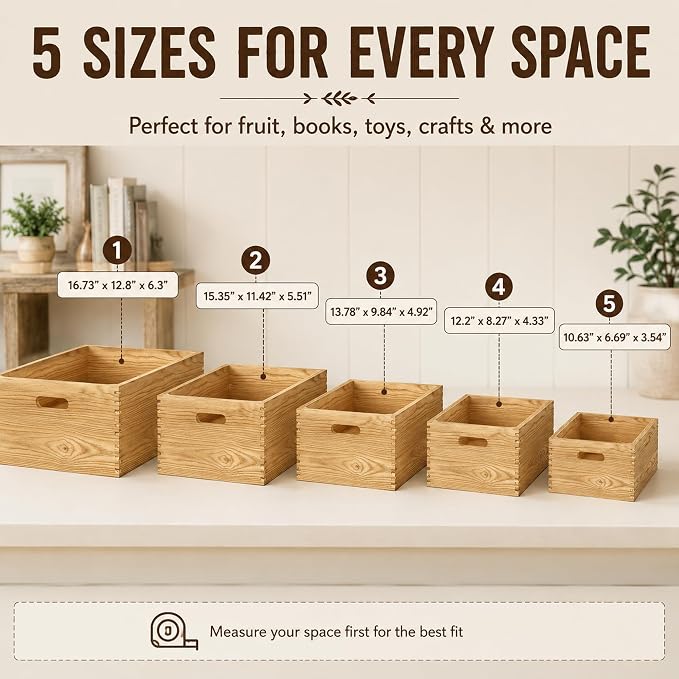 5 Pack Wooden Crates for Display Nesting Wood Crate for Storage with Handle | Rustic Handmade Farmhouse Wooden Basket for Storage and Containe, 5 Size Multipurpose Wood Basket for Fruits Vegetables Boxes - Image 2
