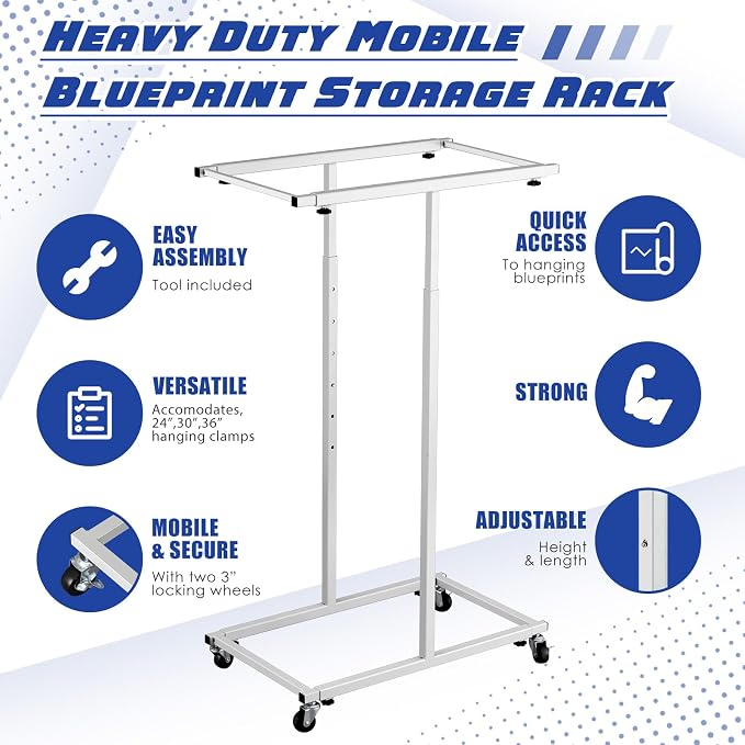 Kolldenn Mobile Blueprint Storage Rack Adjustable Holder with 6 Pcs Blueprint Clamps 4 Wheels Storage Organizer Stand for File Display Plan Office Home(24 Inch) - Image 4