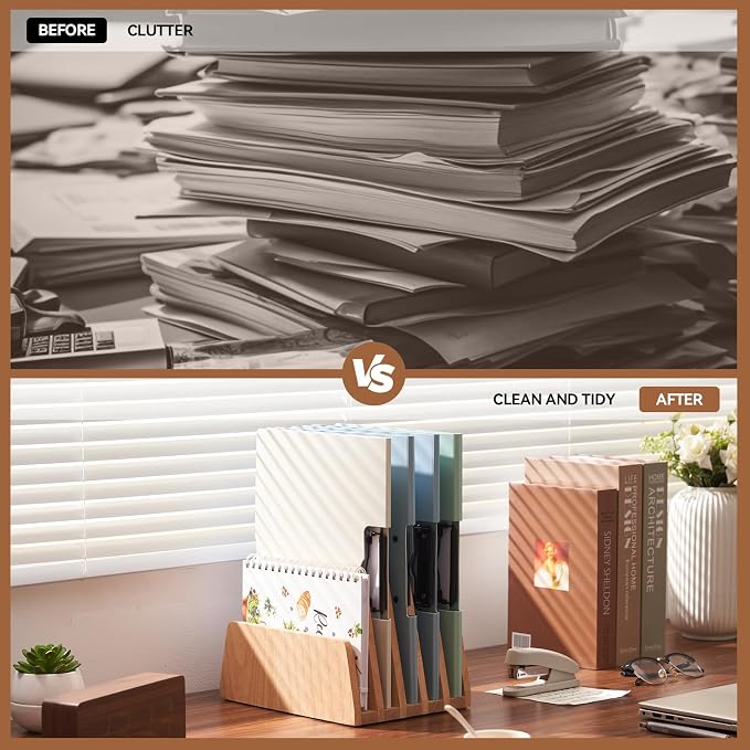 KIRIGEN Wooden Mail Organizer, 5-Slot File Holder for Desk, Natural 5K-NA | Five Upright Compartments Sort Mail, Bills, Folders, Papers, Notebooks, and Envelopes; 9.84 x 7.48 x 7.09 In, No Assembly - Image 3