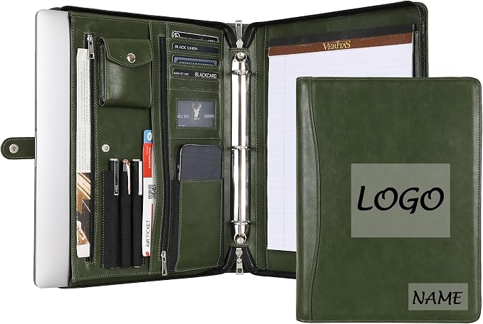 Green Leather Padfolio for Women/Men, Business 3 Ring Portfolio Binder, Personalized Zippered Organizer for A4 Notepad & 13-inch Laptop/Tablet by YLYYHH