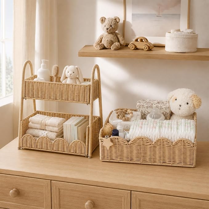 2-Tier Diaper Caddy Organizer, Handwoven Nursery Storage Basket | PE Rattan Diaper Caddy with Side Handles, Large Changing Table Organizer for Diapers, Wipes and Baby Essentials - Image 8