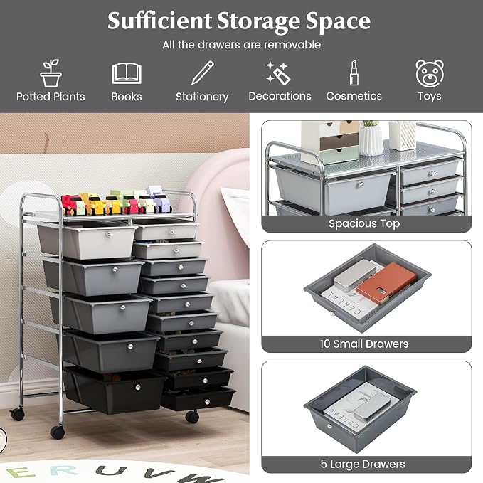 COSTWAY 15 Drawer Rolling Storage Cart, Mobile Storage Organizer | Removable Drawers & Metal Frame, Multipurpose Utility Tools Paper Organizer on Wheels for Home, Office (Mixed Black) - Image 4