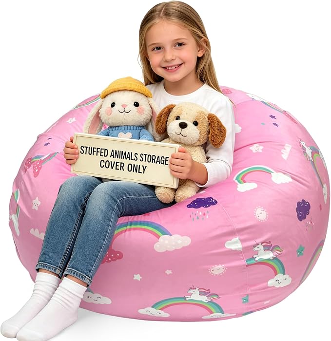 Lukeight Unicorns Stuffed Animal Storage Bean Bag Chair Cover for Kids, Velvet Plush Toy Organizer Seat, Cover Only, No Filling Included, Long YKK Zipper, Side Pocket, X-Large 30"D x 18"H by Lukeight
