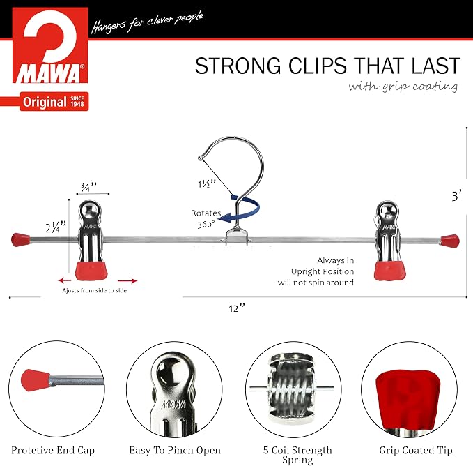 Mawa by Reston Lloyd Space-Saving Clothes Hanger for Pants and Skirts with Two Non-Slip Clips, Style K/30D, 12-Inch, Set of 12, Red - Image 10