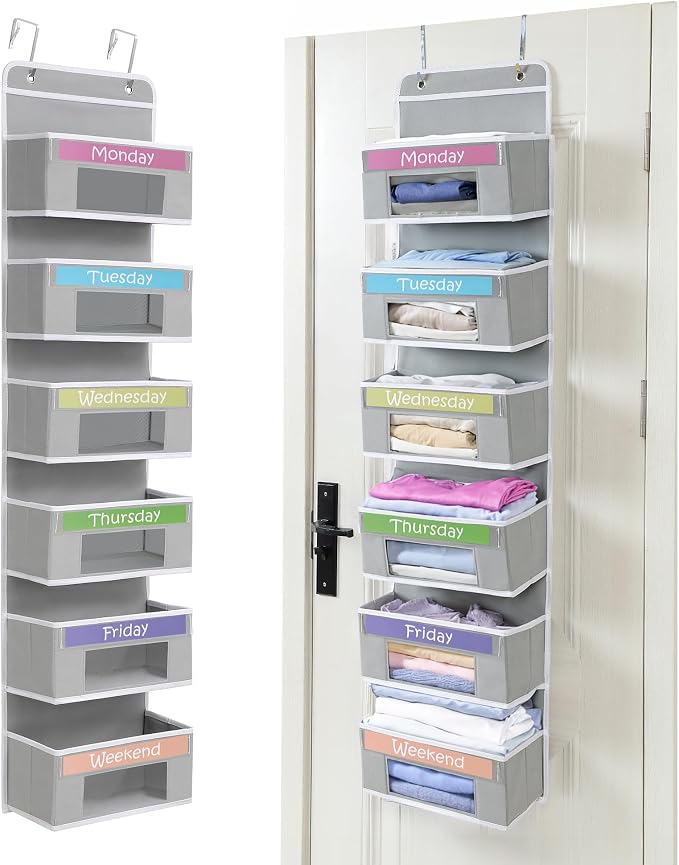 Kids' Weekly Clothes Organizer, Days of the Week, Daily Outfit Storage, Monday to Friday, School, Hanging, Over Door by Houseables | Houseables Days of the Week Clothes Organizer, Kids Closet, Monday through Friday Clothing, Weekday, M-F, School, Hanging by Houseables