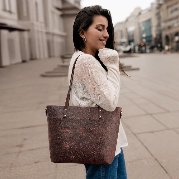 S-ZONE Leather Tote Bag for Women Large Work Totes Designer Handbags | Vintage Grain Crazy Horse Leather, Adjustable Strap, Fits 14" Laptop, Multi Pockets, Rose Embossed Tote, Travel Daily - Image 2