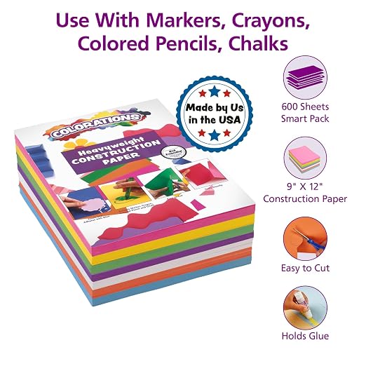 Colorations Construction Paper for Kids - 7 Bright Colors - 600 Bulk Sheets of 9"X12" - Assorted Pack of Heavy-Duty Craft Paper, Bulk School Supplies | 600 Sheets Bright Colored Paper, Bulk Arts & Crafts, School Supplies, Drawing, Coloring, 3D Art - Image 2