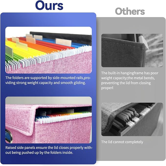 2 Pack Hanging File Folder Box with Lid, Durable Letter Size Filing Storage Box, Sturdy File Holder with Cardboard Support PVC Rails for Office Home Organizer, Pink - Image 5