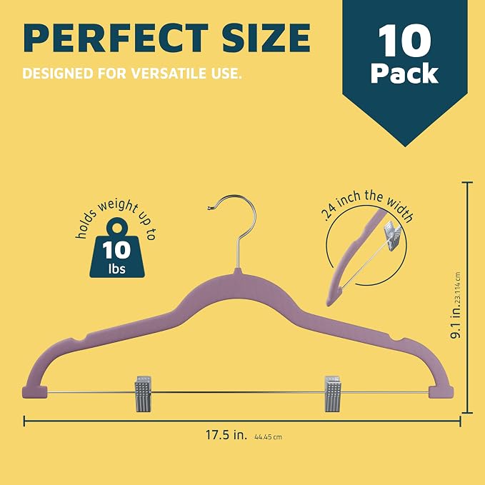 Lifemaster Velvet Skirt Hangers – with Adjustable Clips, 360 Degree Swivel Hook, and Non-Slip Shoulder Notch, Holds Up to 10 lbs, for Organizing Skirt, Pants, Dress, and Clothes, Pack of 10, Purple - Image 2