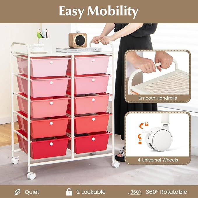 10 Drawer Rolling Cart, Storage Cart Organizer on Wheels, Drawer Cart with Metal Frame & Large Storage Capacity, Rolling Cart with Drawers for Living Room Classroom, Office - Image 4