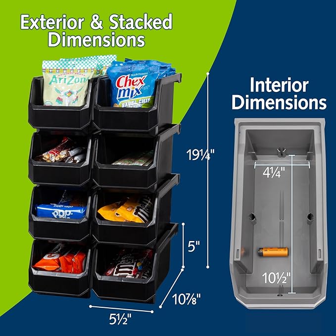Medium Stackable Plastic Storage Bins, 8-Pack, Black | Open-Front Stackable Bins For Garage, Pantry, Closet & Office, 11"L X 5,5"W X 5"H, Nests When Empty, Durable Plastic, - Image 3