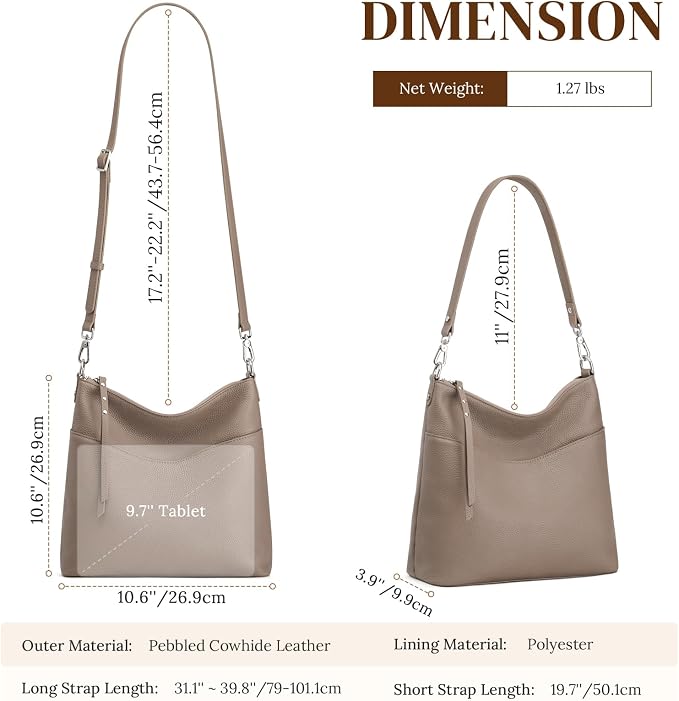 S-ZONE Leather Purses for Women Tote Shoulder Crossbody Bag 2 Straps | Top Grain Leather, Soft, Medium, Bucket Hobo Handbag, Multi Pockets, Vintage Casual, Travel Eveyday Work - Image 4
