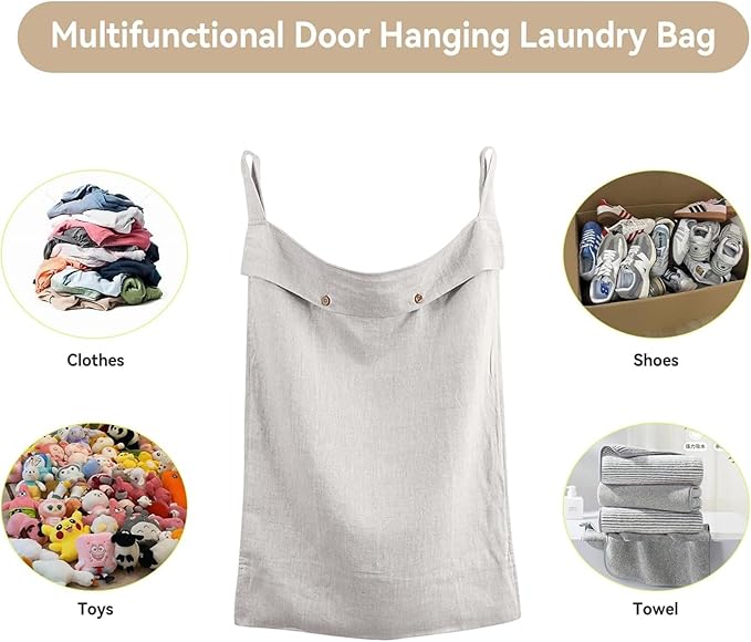 100% Linen Hanging Laundry Hamper Bag 22x36 Inch, Over the Door with 2 Buttons and Bottom Zipper Saving Space Wall Back organizers For Dirty Clothes Dorm Travel College Camp Sock big Capacity - Image 5
