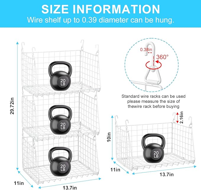 3-Tier Hanging Laundry Basket Organizer：Foldable Wire Shelf Laundry Room Organizer with 360°Rotating Hooks Small Space Solutions Closet Hanging Organizer - Laundry Organization, White Patent - Image 5