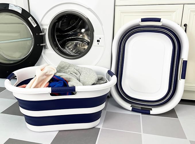 SAMMART 40L (10.5 gallon) Set of 2 Collapsible Plastic Laundry Hamper - Foldable Pop Up Storage Container/Organizer - Portable Washing Tub - Space Saving Basket (2, White/Starry Blue) - Image 2