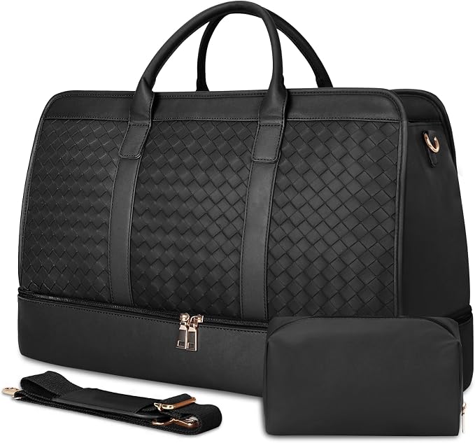 Travel Duffle Bag for Men Women, PU Leather Duffel Bag for Traveling, Large Carry on Weekender Overnight Bag with Shoe Compartment, Perfect for Travel/Daily Use by BOLOSTA