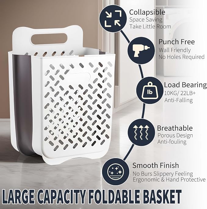 Plastic Foldable Laundry Basket with Handle, 35L Wall Mounted Laundry Hamper Freestanding Dirty Clothes Hamper, Collapsible Laundry Baskets Pop Up Hamper Storage Container for Snacks Dolls - Image 3