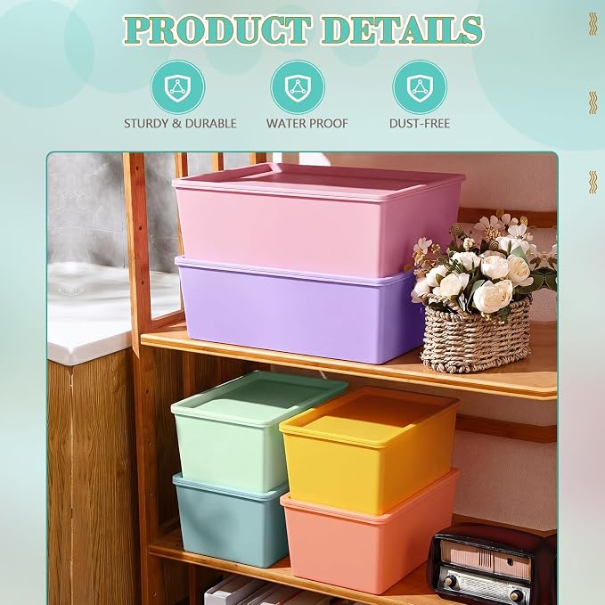 6 Pcs Plastic Storage Bins with Lids, Large and Small, Macaron Color | 14.4 x 10.4 x 5.1 Inch and 10.6 x 7.5 x 4.7 Inch, Stackable Storage Container, Decorative Organizer for Shelves Closet Office - Image 3