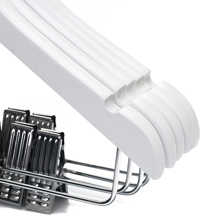 Quality Hangers Kids Wooden Pants Hangers 12 Inches - 80 Pack Skirt Hangers with Adjustable Metal Clips 360° Swivel Chrome Hook & Nonslip Notches- Ideal for Clothes Size 8 and Smaller (White, 80) - Image 8