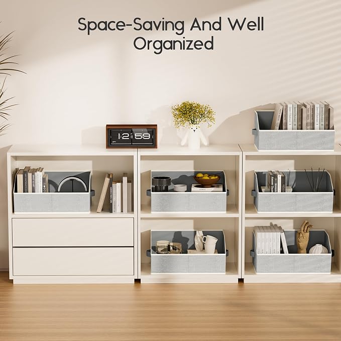 Large Closet Organizers and Storage Bins - 6 Pack Trapezoid Storage Baskets for Shelves, Foldable Fabric Baskets with Handles Ideal for Closet, Basket, Wardrobe and Shelf Storage, Light Grey - Image 7