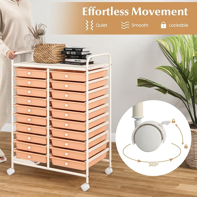 RELAX4LIFE 20-Drawer Rolling Storage Cart - Mobile Rolling Cart w/Drawers for School Classroom Teacher Office Home Salon, Paper File Art Supply Craft Organizer, Utility Cart on Wheels (Pink) - Image 5