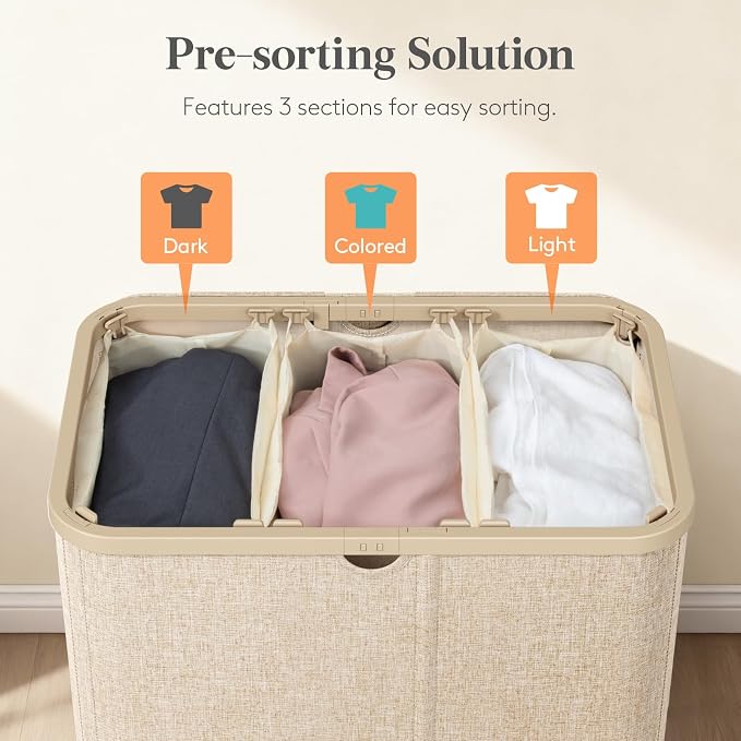 Lifewit 165L 3 Section Laundry Hamper with Lid, Laundry Basket, Beige | Large Foldable Laundry Sorter with 3 Removable Bags, Tall Clothes Hamper for Bedroom and Bathroom - Image 3