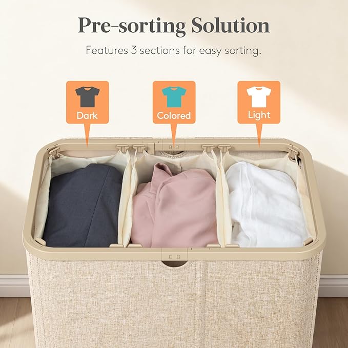 Lifewit 165L 3 Section Laundry Hamper with Lid, Laundry Basket, Beige | Large Foldable Laundry Sorter with 3 Removable Bags, Tall Clothes Hamper for Bedroom and Bathroom - Image 3