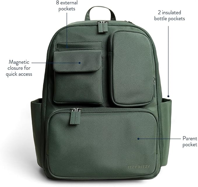 Itzy Ritzy Utility Diaper Bag Backpack, 17 Pockets w/Changing Pad (Green) | Travel-Ready Diaper Backpack with 2 Insulated Bottle Holders, Laptop Compartment, Trolley Sleeve, Straps, and Changing Pad - Image 3