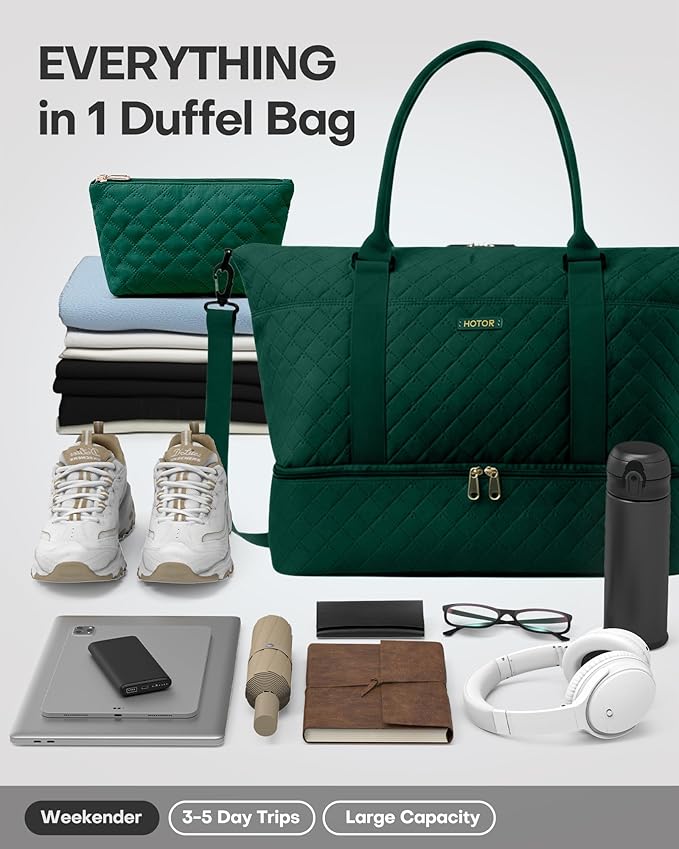 HOTOR Travel Duffel Bag - Weekender Bags for Women, Carry On Gym Tote Bags | with Toiletry Bag & Shoe Compartment, Overnight Bag for Travel Essentials, Travel Accessories, Dark Green, 15.8"×18.1"×8.7" - Image 5