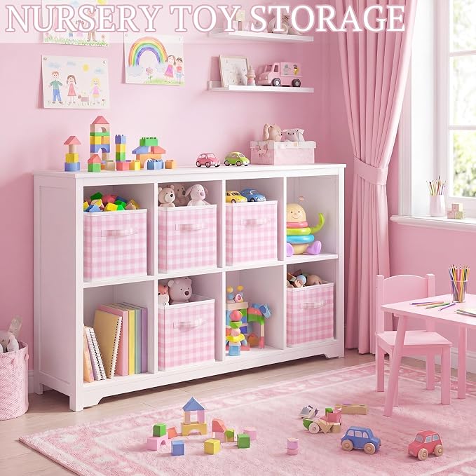 Yalikop 6 Pcs Pink Gingham Cube Storage Bins, 11 Inch Fabric Checkered Classroom Storage Bins Organizer with Handle Preppy Collapsible Cubby Basket for Classroom Home Nursery Playroom Bedroom - Image 6