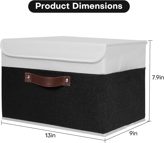 ANMINY Fabric Storage Box Bins with Lids, Black White, 13"x9"x7.9" | Keepsake Memory Storage, Cotton Linen, PP Board Reinforced, Washable, PU Handles, Foldable & Stackable, Decorative, Medium - Image 6