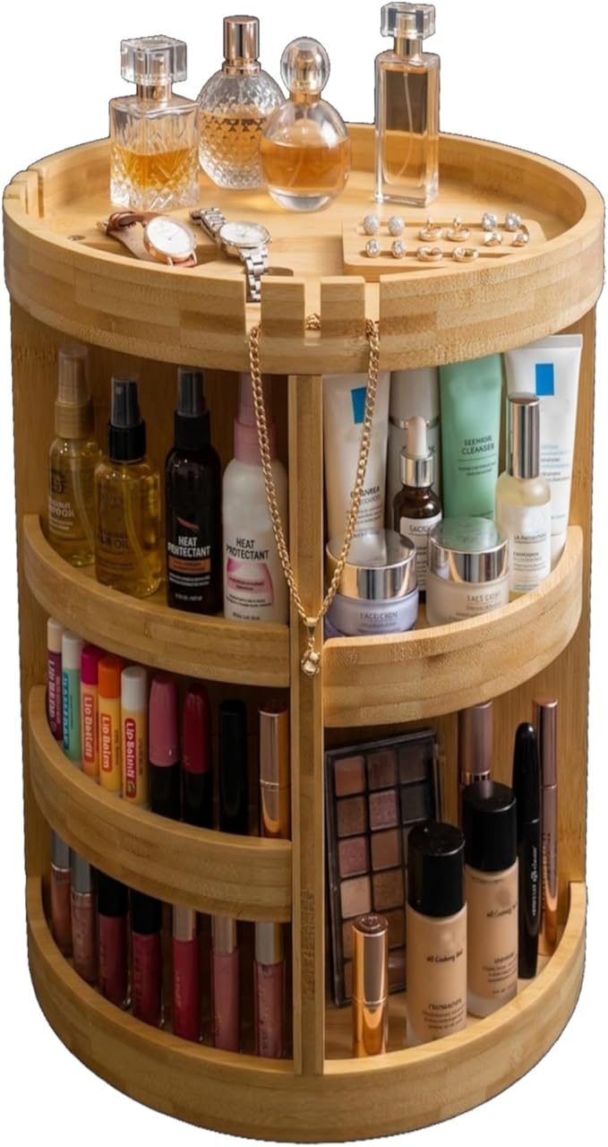 Bamboo Rotating Makeup Organizer with Adjustable Shelves - Round, Multipurpose Storage 360° Carousel for Vanity, Bathroom, Kitchen Countertop, Bedroom, Desk by altCooking+Hub