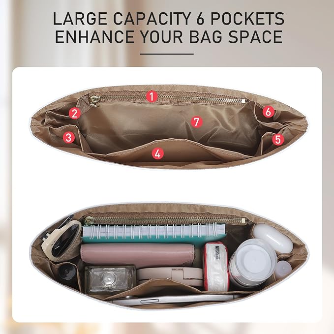 DoxoPurse Organizer Insert for Coach Brooklyn 28 | 8 Pockets with YKK Side Zipper | Waterproof Tyvek Bag Organizer for Coach Brooklyn Shoulder Bag/Tote Divider Shaper(28,White yellow-brown) - Image 4