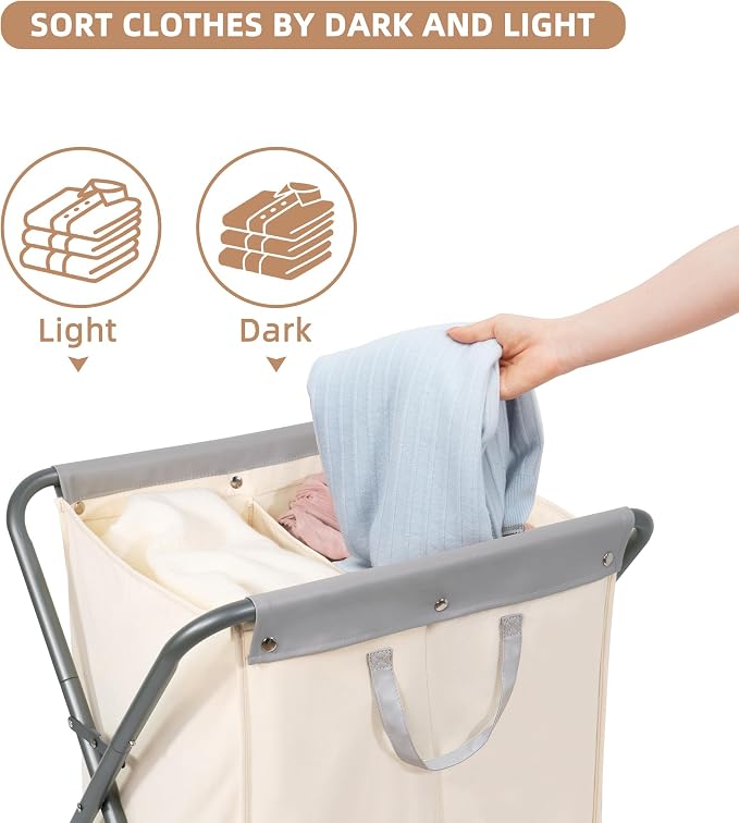 STORAGE MANIAC 125L Collapsible Laundry Hamper with Wheels, Rolling Laundry Basket, Heavy Duty Cloth Sorter with Removable Bag, Folding X Frame Clothes Organizer Cart for Easy to Store, 2 Section - Image 2