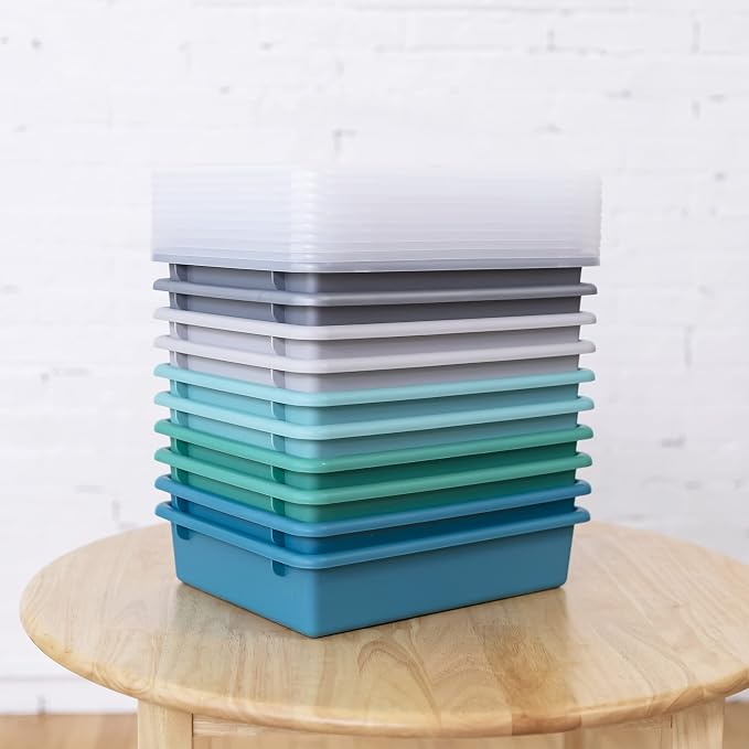 ECR4Kids Letter Size Plastic Tray Organizer with Lids, Small, Storage Bins, Contemporary, 10-Piece | Durable plastic, GREENGUARD Gold Certified, 2 gallon capacity, stackable/nestable, easy-lift lids, classroom & home use - Image 8