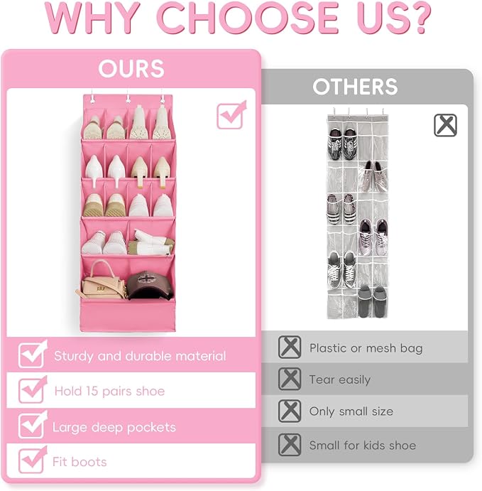 1 Pack Over-the-Door-Shoe-Organizers, Hanging Shoe Organizer Large Pocket | Shoe Holder Hanging Shoe Rack for Closet Shoe Organizer for Wall, Over Door Organizer with 15 Pockets for Boot, Sneaker, Pink - Image 6